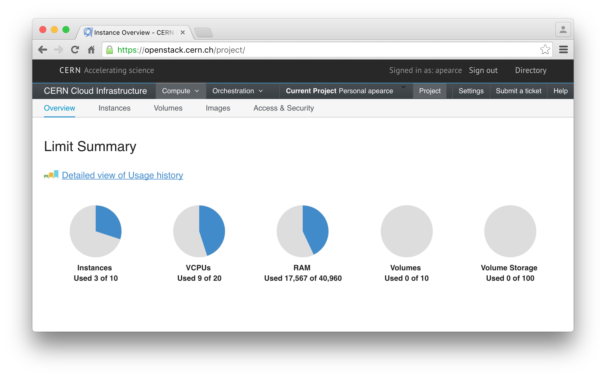 The homepage of the CERN OpenStack instance after logging in