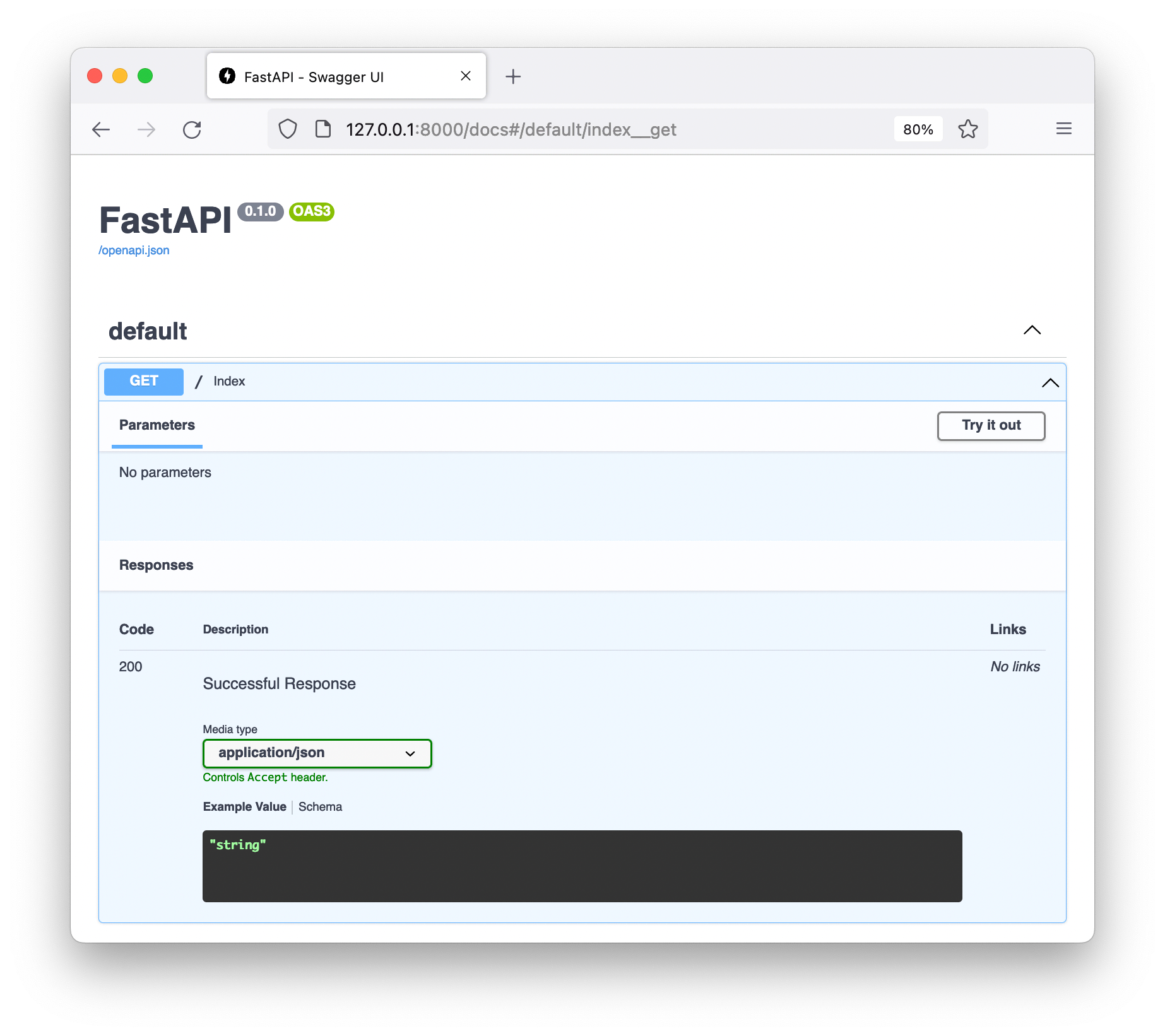 Swagger UI page for a simple FastAPI application.