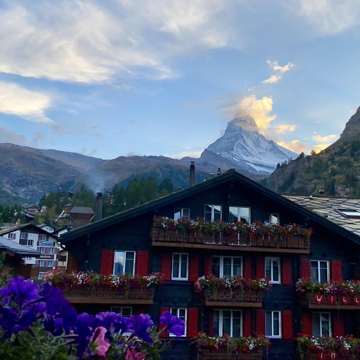 The Matterhorn, viewed from the town of Zermatt.