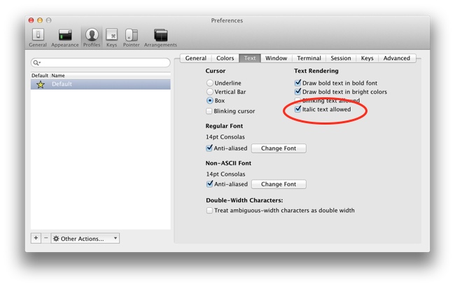 Where to enable italic text in iTerm2