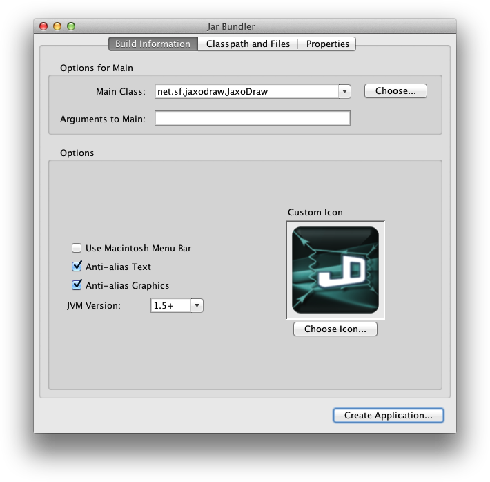 Jar Bundler window configured for JaxoDraw